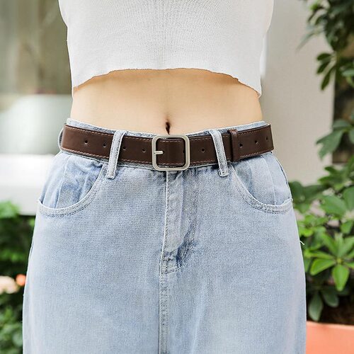 Black leather women's fashion belt with black decorative jeans, multi-hole needle buckle, Instagram Korean-style fashion slim belt