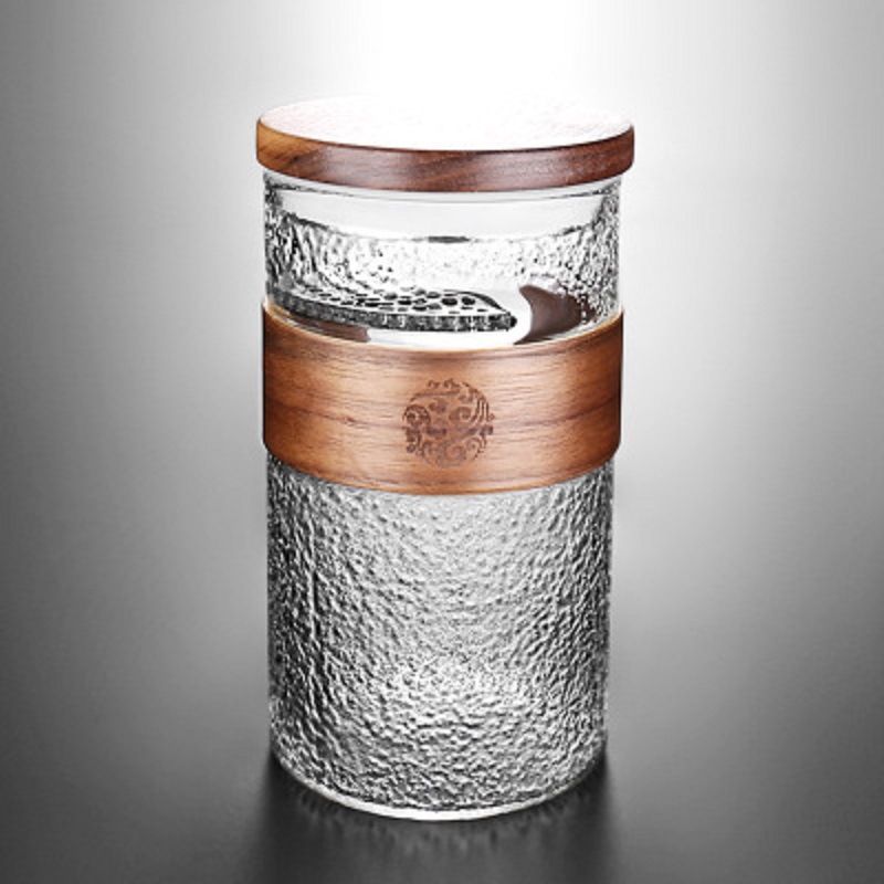 Vidrio resistente al calor taza de agua cubierta de madera taza de té verde patrón de martillo separación de té con tapa filtro Oficina taza de té taza de agua caliente