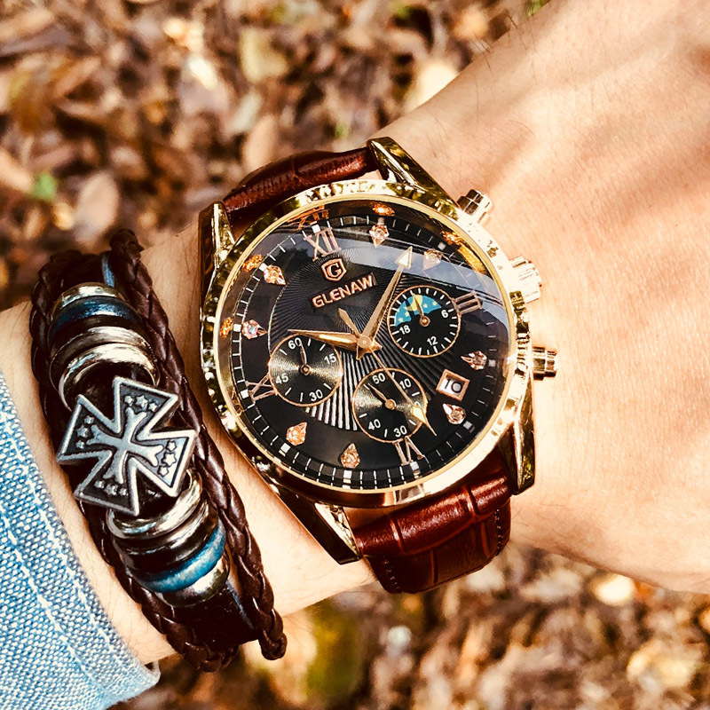 Đồng hồ nam chronograph đa năng ba mắt sáu kim chống nước dạ quang thương hiệu Glenn