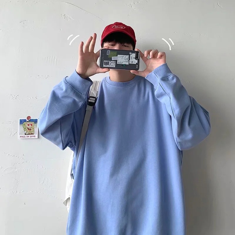 boy 2025 Autumn Winter Korean Style Men's Pullover Solid Color Sweatshirt For Students Youth Long Sleeve Round Neck Jacket_voghion.com