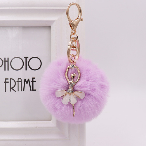 Creative cute rhinestone little angel car keychain imitation rex rabbit fur ball key chain ladies plush bag pendant