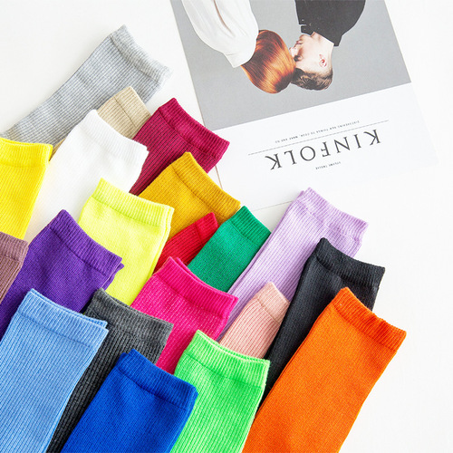 春夏女袜纯色中筒男女堆堆袜女士糖果色彩色袜子薄款ins棉袜批发