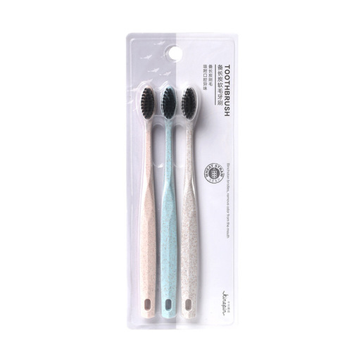 Today's Yipin Slim Soft-bristled Binchotan Charcoal Deep Cleansing Anti-Slip Comfortable Wheat Straw Fiber Toothbrush Set 3 Pack