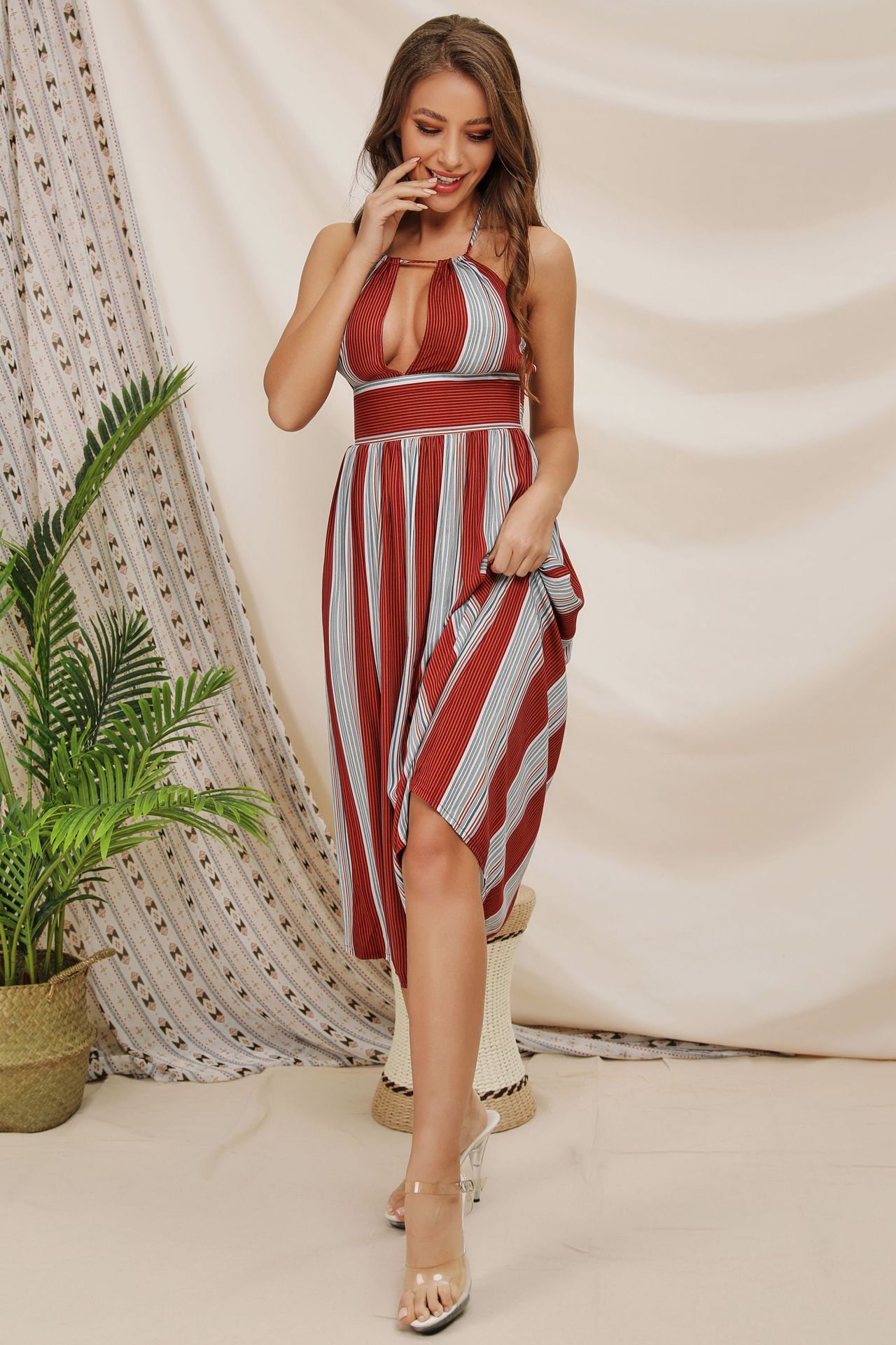 sexy halter strap striped dress NSCX9554