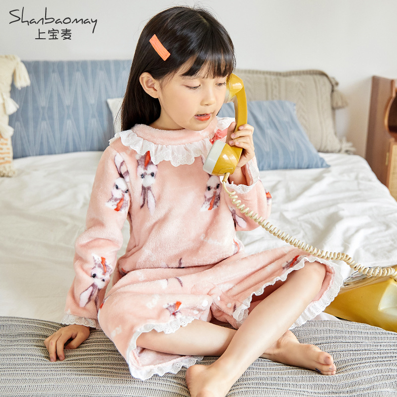 SHANGBAOMAI 가을, 겨울 새 여자 잠옷 플란넬 잠옷 원피스 산호 벨벳 여자 파자마 드레스 따뜻한