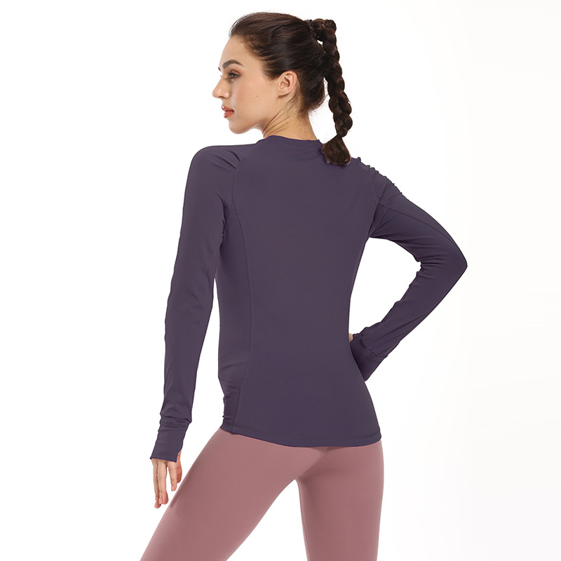 一件代发纯色紧身长袖修身瑜伽上衣女款运动衫跑步运动服