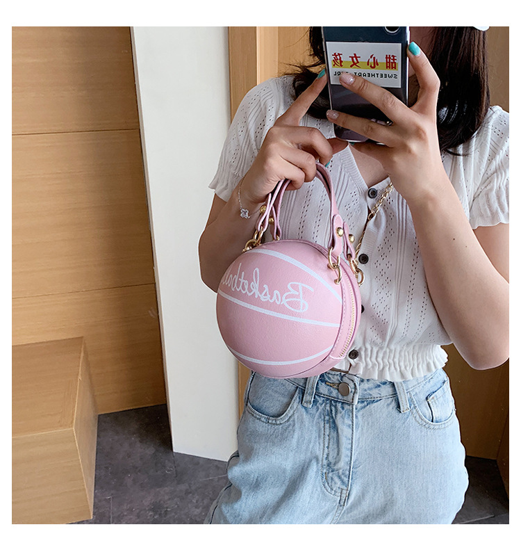 Funny Small Round Women's New Messenger Pink Chain Basketball Bag display picture 19