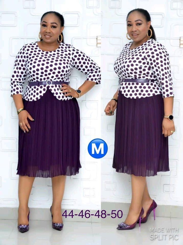 African Mom'S Polka Dot Slit Top Pleated Chiffon Skirt Plus Size Two Piece Set