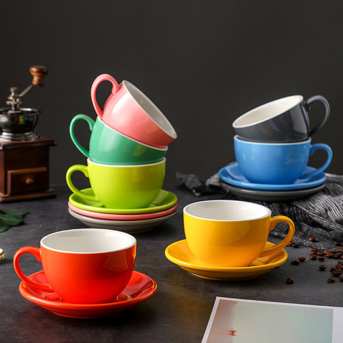 彩色350ml卡布奇诺咖啡杯套装杯碟标准比赛拉花杯拿铁杯可做logo
