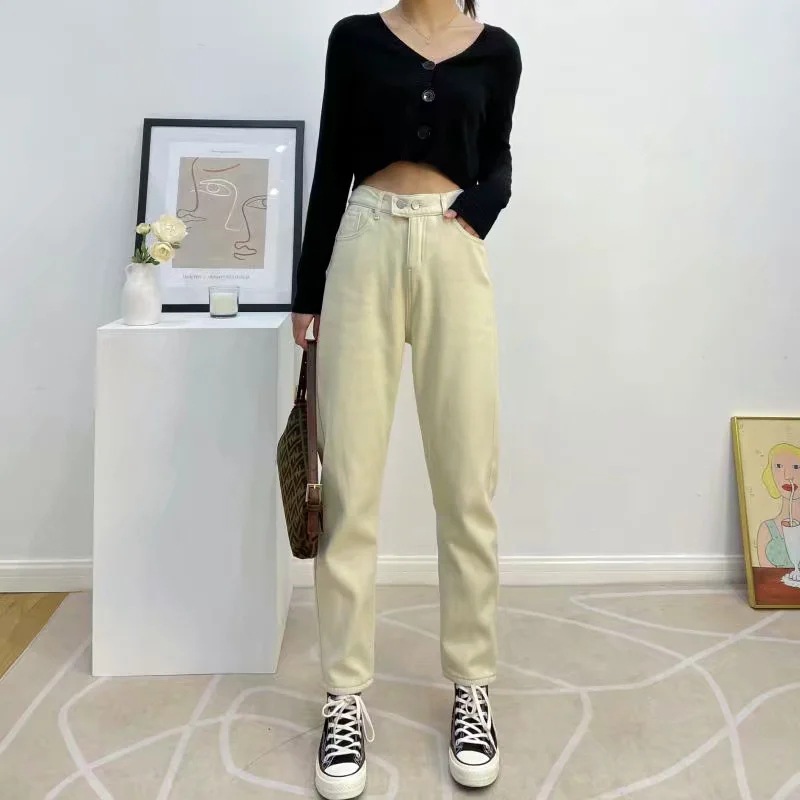 high waist plus velvet double button pants NSAC17586