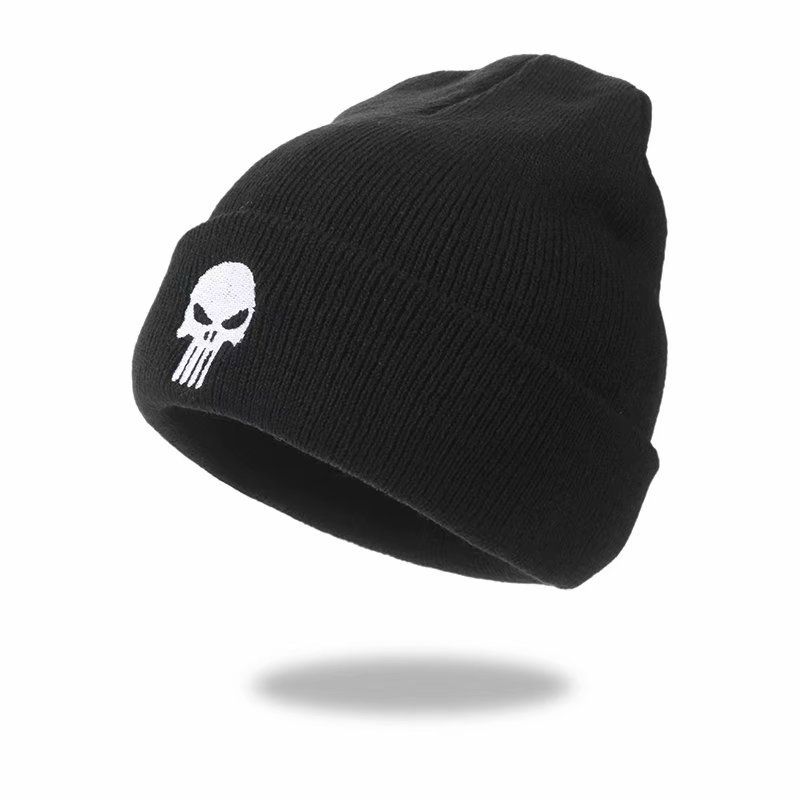 Gorro de invierno cálido negro elástico Quackity Knit Cuffed Beanie Hat para hombres y mujeres con bordado de esqueleto blanco