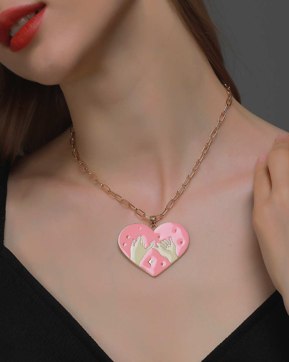 pull hook sweet heart couple black pink pendant necklace set