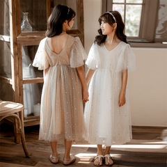 Spring and Summer New V-neck Short Sleeve Girls Star Dress Princess Dress Internet Famous Parent-child Clothes One Piece 