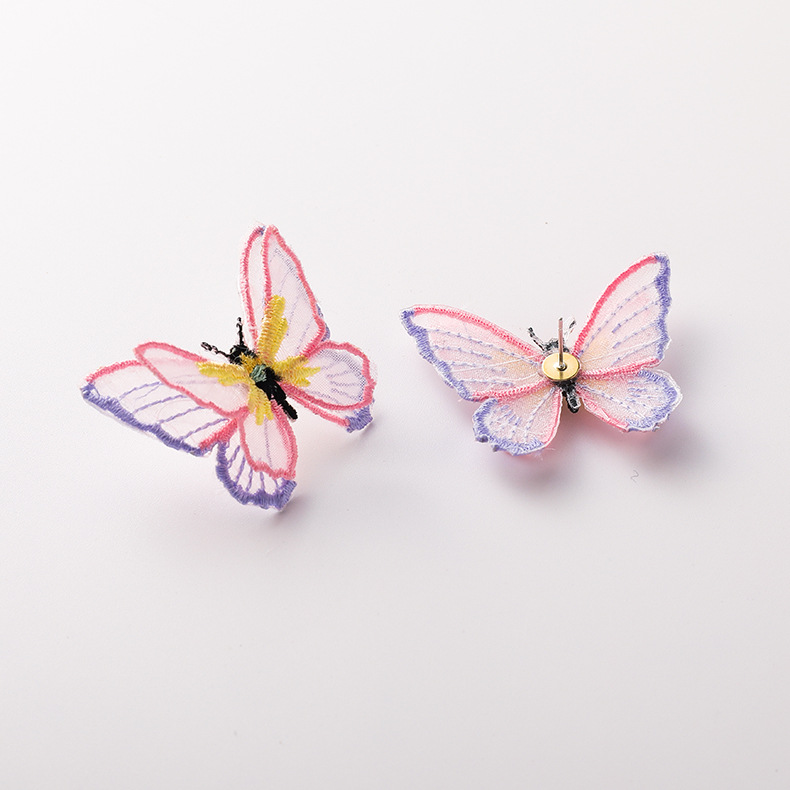 Lightweight Butterfly Double-layer Butterfly Three-dimensional Embroidery Color Butterfly Earrings 925 Silver Needle Earrings Wholesale Nihaojewelry display picture 8