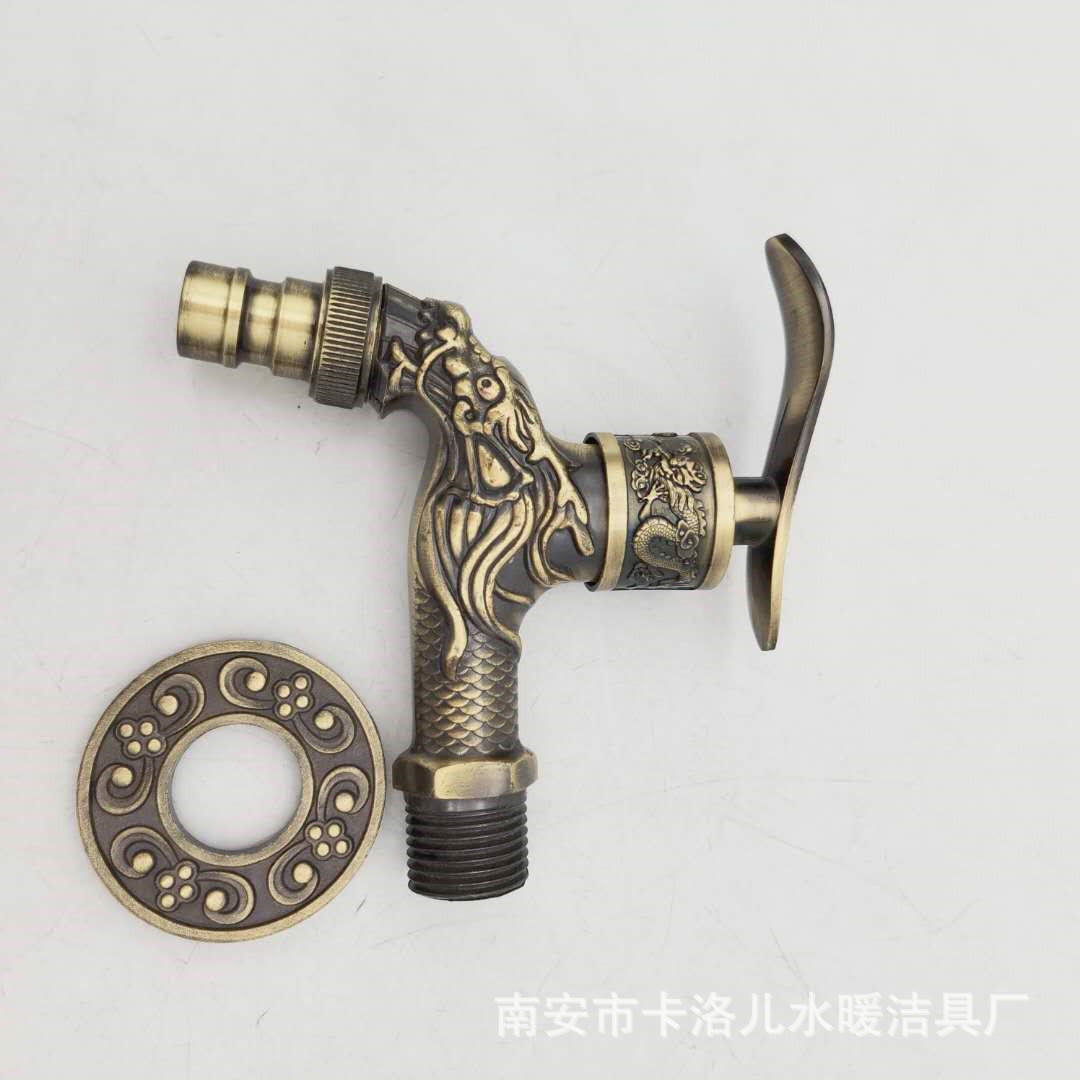 The overseas model features an antique bronze-patterned dragon spout, an alloy copper core, and a bronze-colored European-style faucet with a single cooling nozzle undefined
