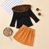 Fluffy collar solid color pit stripe sweater + open bag skirt 2-piece set