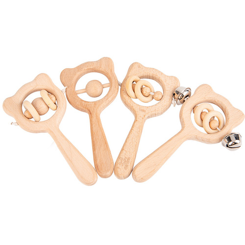 Baby soothing grasping hand wooden rattle baby educational early education cartoon animal shape toy manufacturer wholesale
