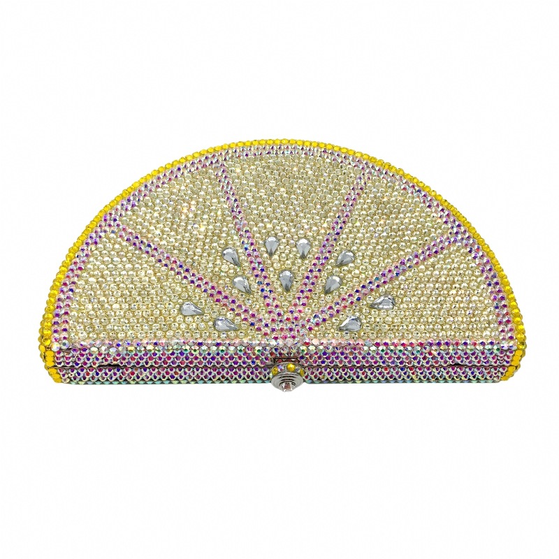 Túi clutch nữ đính đá hình quả chanh, hộp cứng kim cương đáy phẳng, kèm dây xích 48 cm — Màu vàng chi tiết 9