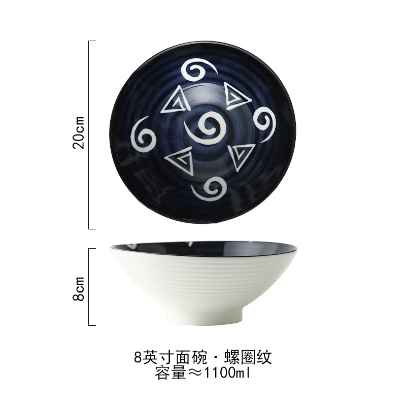 Tazón de sopa bajo vidriado pintado a mano de estilo japonés tazón de fideos tazón grande horno de microondas Cubo de cerámica tazón de fuente de fideos instantáneos tazón de fuente de ensalada tazón de altavoz