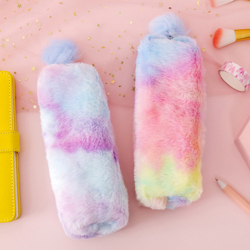 Korean style creative pencil box gradient color cute girl plush octagonal pencil bag girl heart student simple storage bag