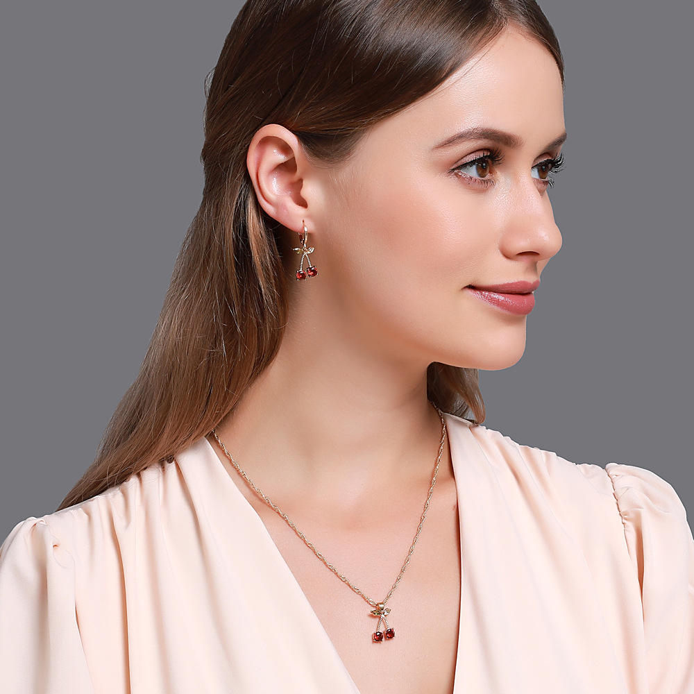 New Style Hot Wedding Dinner Jewelry Temperament Pomegranate Red Cherry Necklace Girl's Simple Wild Crystal Earrings Wholesale Nihaojewelry display picture 2