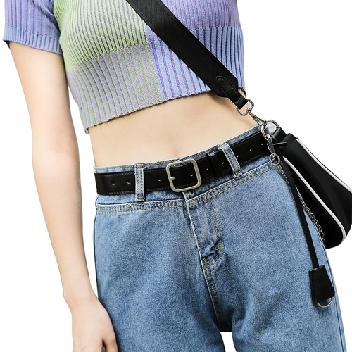 Black leather women's fashion belt with black decorative jeans, multi-hole needle buckle, Instagram Korean-style fashion slim belt