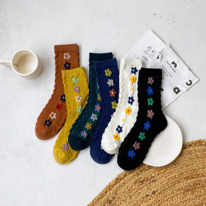 女士立體麻花紋花花中長筒襪