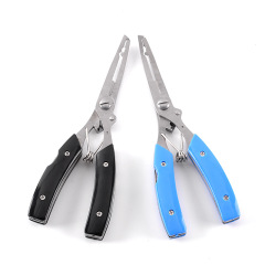 Lure fishing pliers with curved jaws, fish control tool, hook-removal pliers, multi-functional design with built-in knife, and heavy-duty fishing pliers featuring braided line scissors