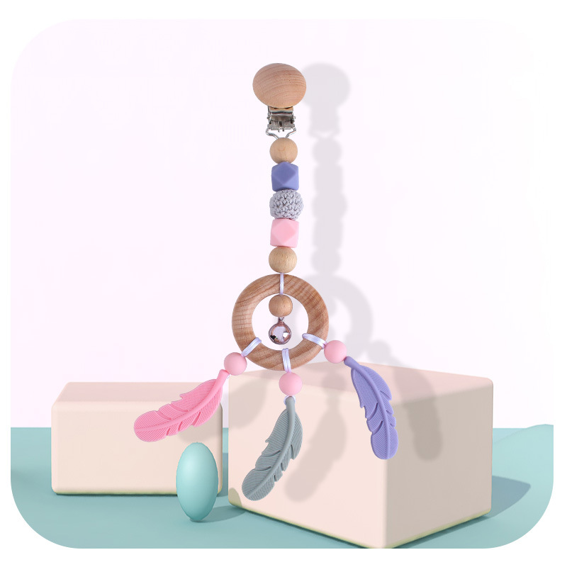 Bebé DIY creativo Beech anillo de juguete mordedor de dibujos animados pluma de silicona teether palo Pezón cadena anti-caída de la cadena Nuevo