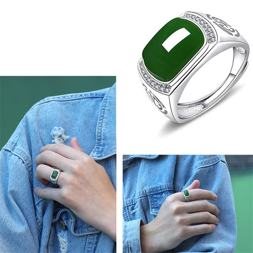 Jin Jiahua Jasper Saddle Open Ring Ring Ring Jade Emerald Stamped National Style Pattern Ring