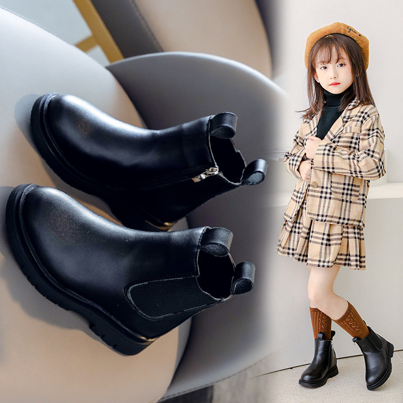 女童靴子冬季2023新款韓版英倫寶寶皮短靴中大童加絨小女孩馬丁靴
