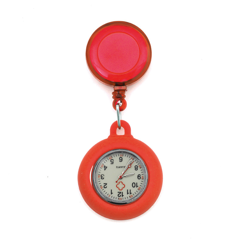 Reloj de bolsillo médico fácil de tirar hebilla reloj de pecho de superficie de color de silicona al por mayor Reloj de enfermera retráctil luminoso reloj de examen de estudiante femenino reloj colgante