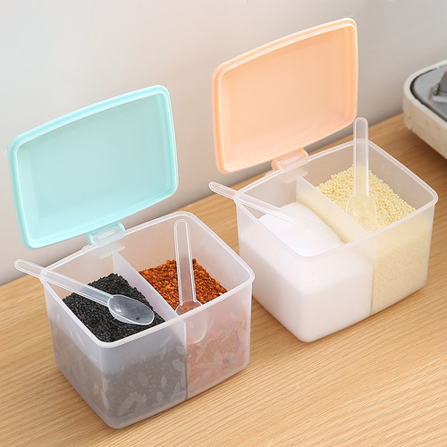 Kitchen seasoning box integrated round seasoning box double-grid seasoning jar with spoon storage seasoning box jar
