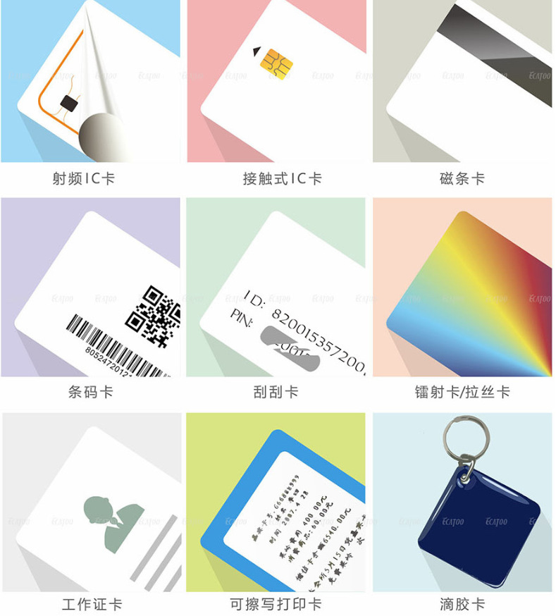 射频IC卡 带识别功能 表面印刷图案 打印一维 二维码 卡片样式多