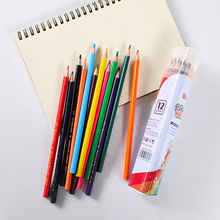 新款三角杆桶装彩色铅笔12色儿童绘画铁盒装英文LOGO跨境学生涂鸦