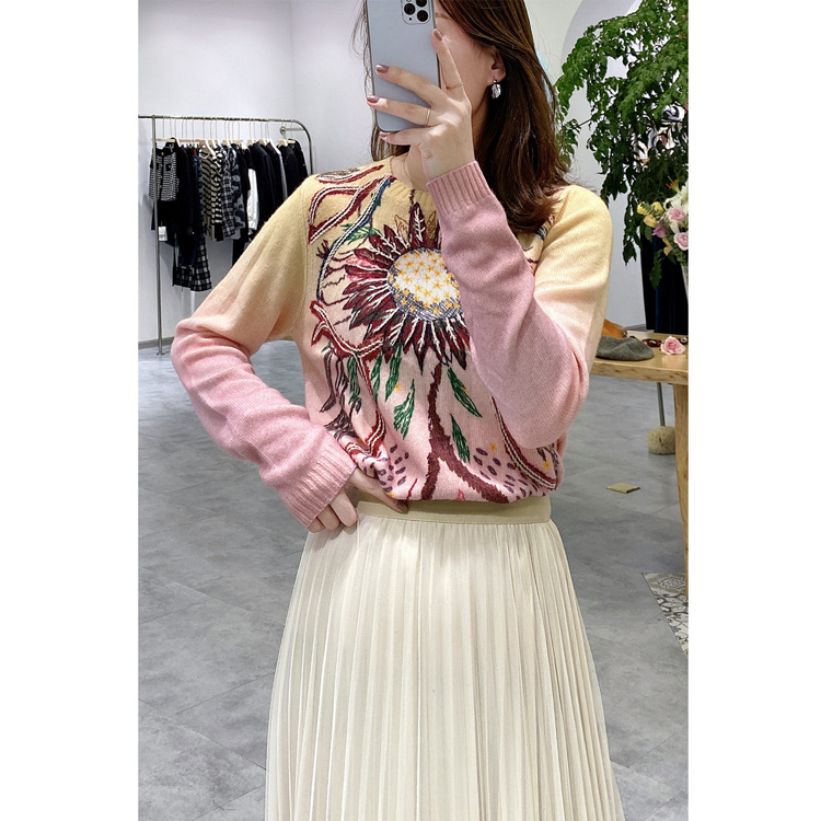 双纱小厚山羊绒衫圆领套头渐染太阳花刺绣印花秋冬毛衣新款女代发|ms
