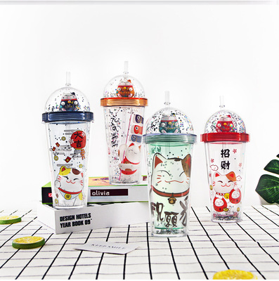 招财猫双层透明吸管杯亮粉星空卡通猫儿广告礼品塑料杯男女水杯子