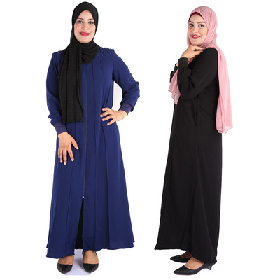 YM1929新款中東婦女拼接拉鏈珍珠純色開衫連衣裙壹件代發