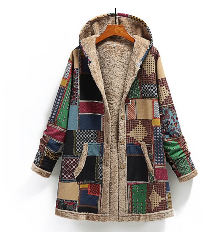 Women's Fashion Color Block Printing Single Breasted Coat Woolen Coat display picture 3