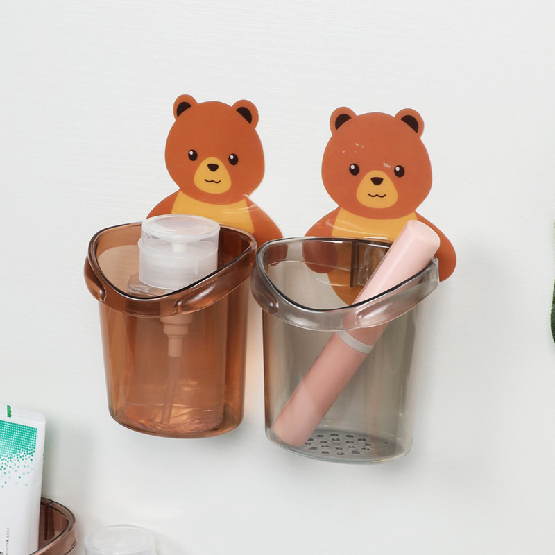 TikTok 폭발 베어 허그 보관 컵 칫솔 보관함 벽걸이 펀치 없는 욕실 칫솔질 물컵