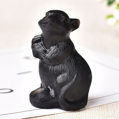 天然黑曜石老鼠原石雕刻摆件 宝石工艺品十二生肖鼠