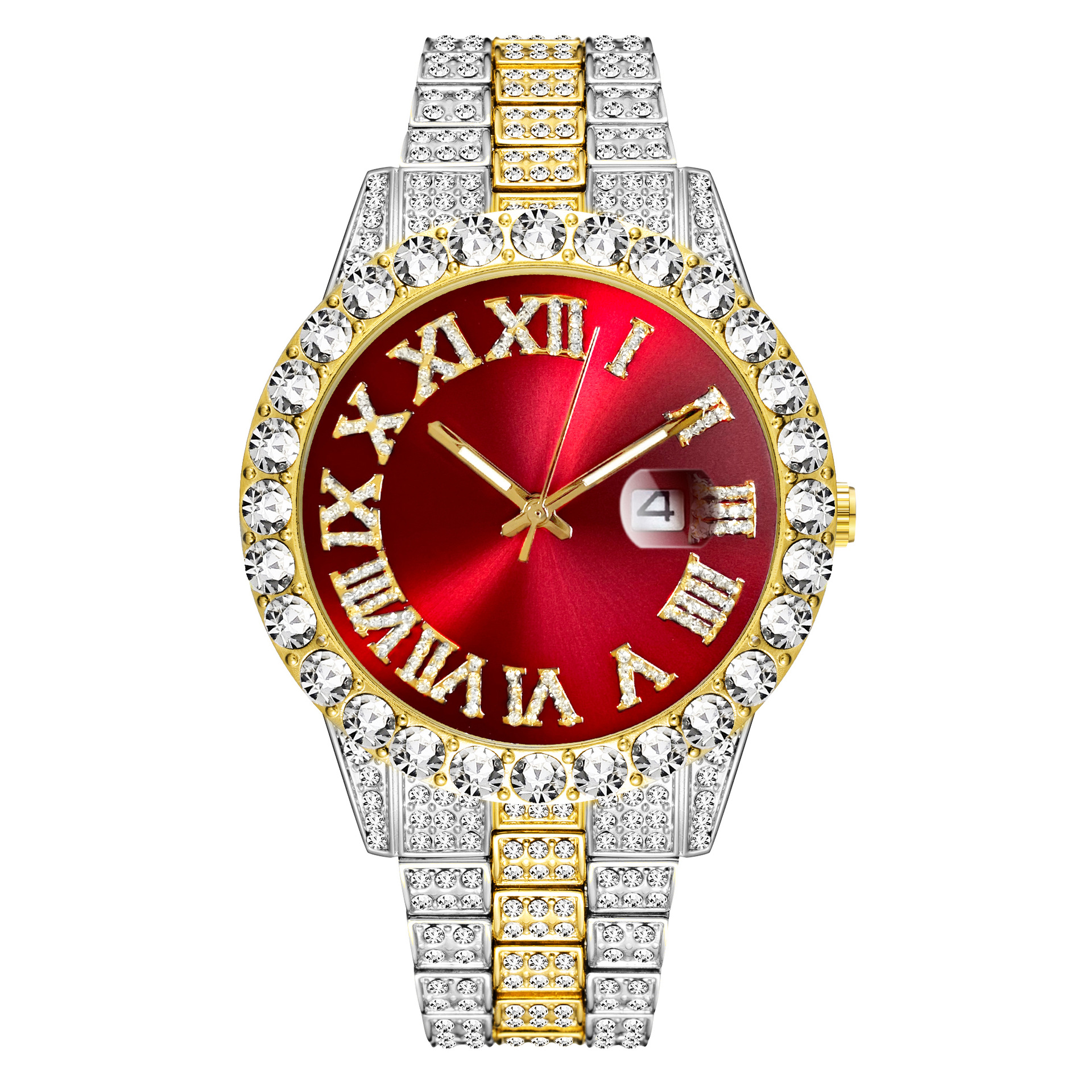 Missfox Europa y América hip hop 2643 tendencia de la moda rhinestone correa de los hombres reloj de cuarzo de moda reloj de diamante completo image 4