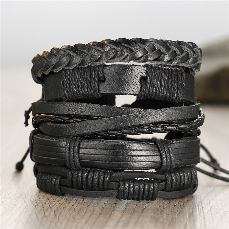 Mode Nouveau Bracelet De Style Punk Rétro En Cuir Noir Pour Hommes À 5 Couches En Gros display picture 2