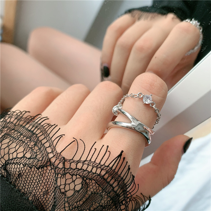 Simple Silver Double-layer Chain Diamond Ring Fashionable Adjustable Middle Finger Wholesale Nihaojewelry display picture 1