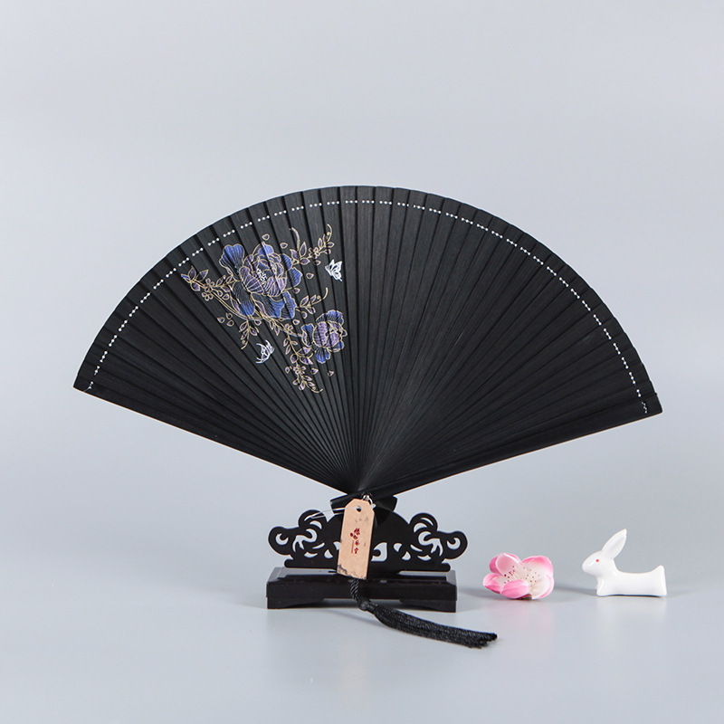 Chinese Fan Chinese Hanfu hand Fan National craft bamboo folding fan small fan all bamboo women carved hollow craft folding fan tassel