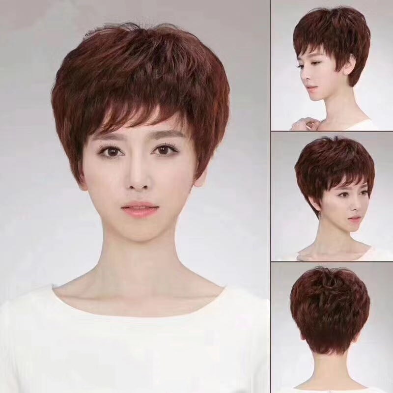 Peruca de cabello rojo para mujeres de cabello de moda de mediana edad, cabello corto, cabello real, transpirable, ligero