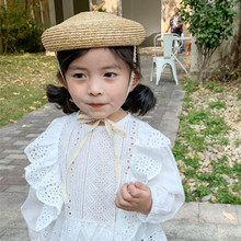 韩版儿童夏季贝雷帽 立体麦秆草帽 男女童复古风蕾丝系带沙滩帽子