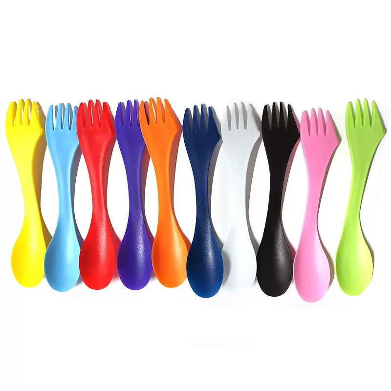 供应西餐刀叉勺塑料叉勺双头多功能三合一刀叉勺 塑胶餐具