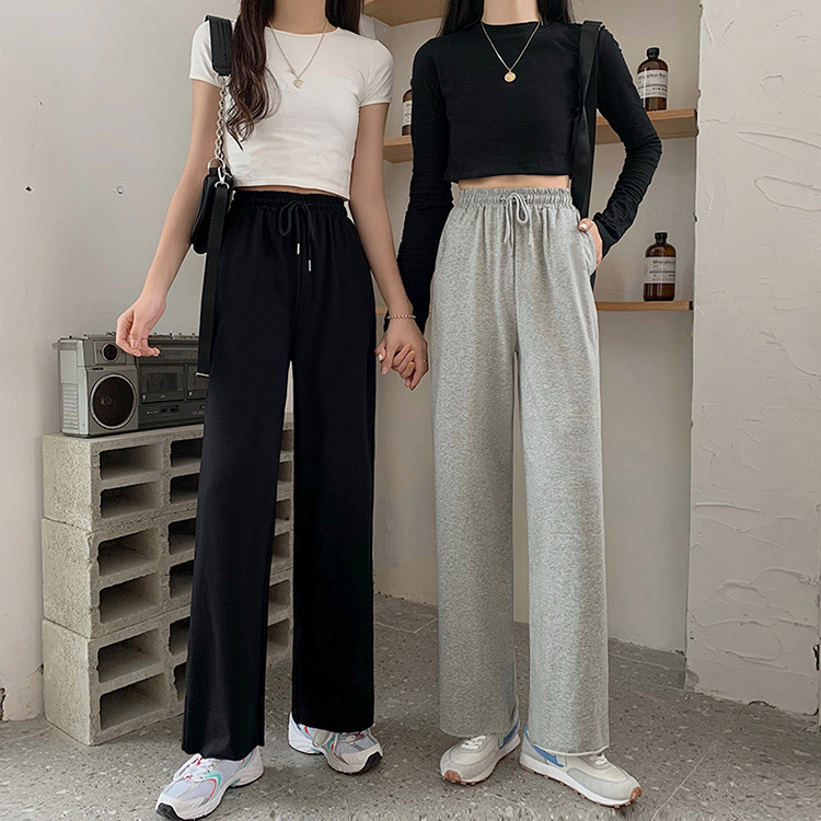 6535 Baumwolle, hohe Taille, elastisch, lässig, für Damen, lockere, gerade Sporthose mit weitem Bein, vielseitige lange Hose für Damen_voghion.com