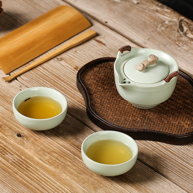 厂家批发哥窑汝窑快客杯一壶二杯便携旅行茶具套装黑陶简约收纳礼|ru